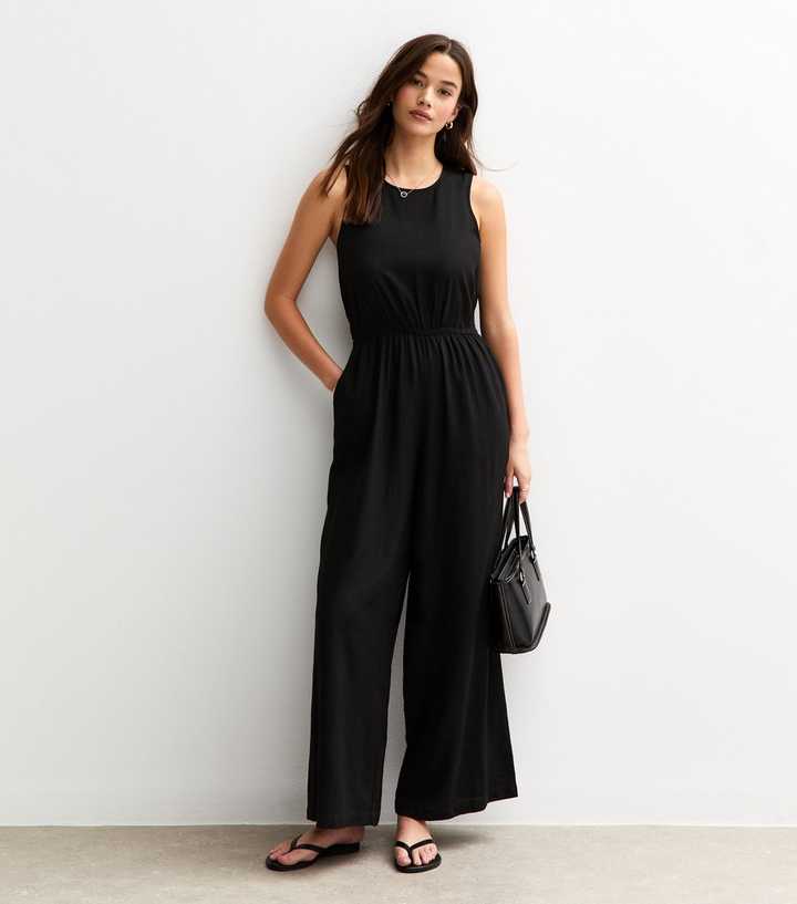 Black Linen Look Tie Back Jumpsuit