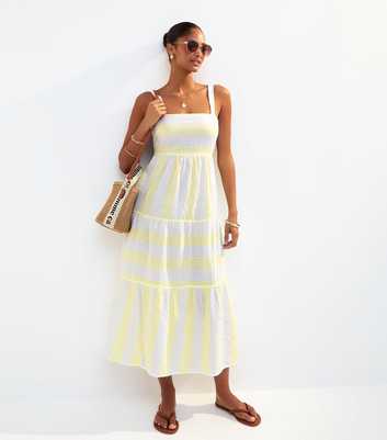 Yellow Striped Textured Tiered Midi Beach Dress
