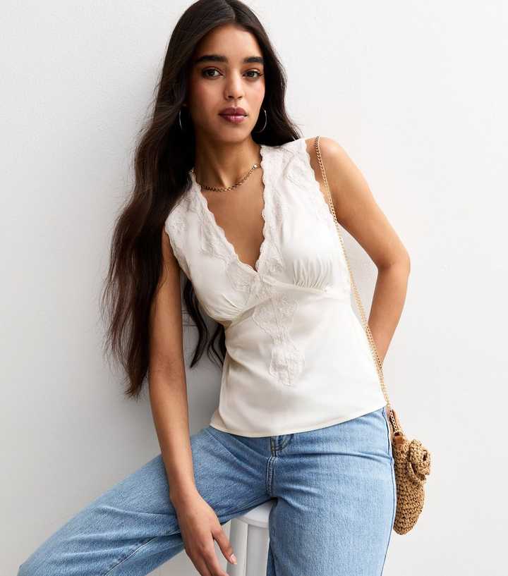 White Lace Trim Satin Vest