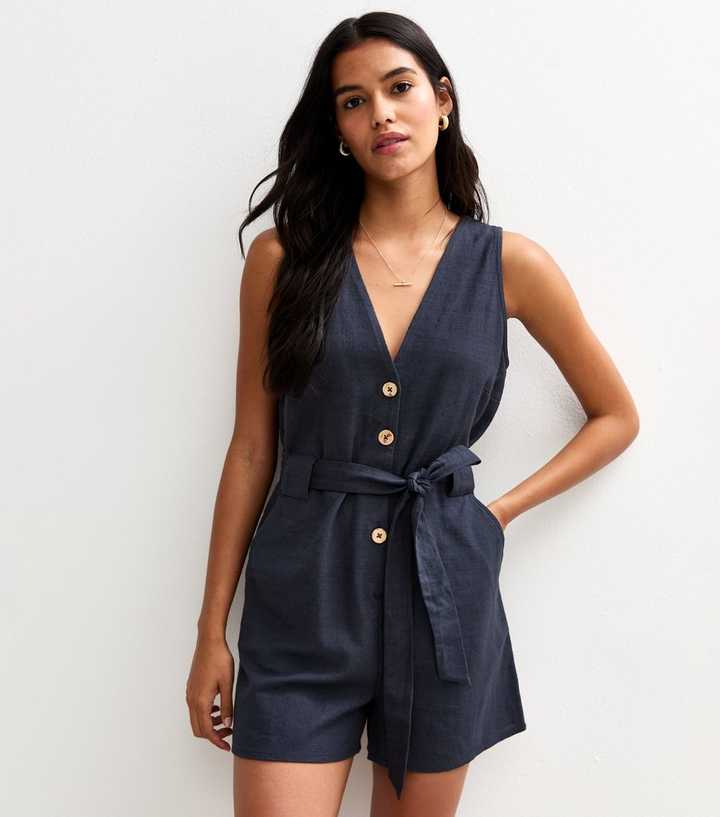 Navy V-Neck Belted Playsuit