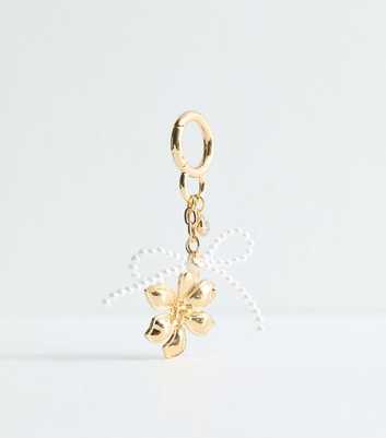 Gold Faux Pearl Bow And Flower Bag Charm