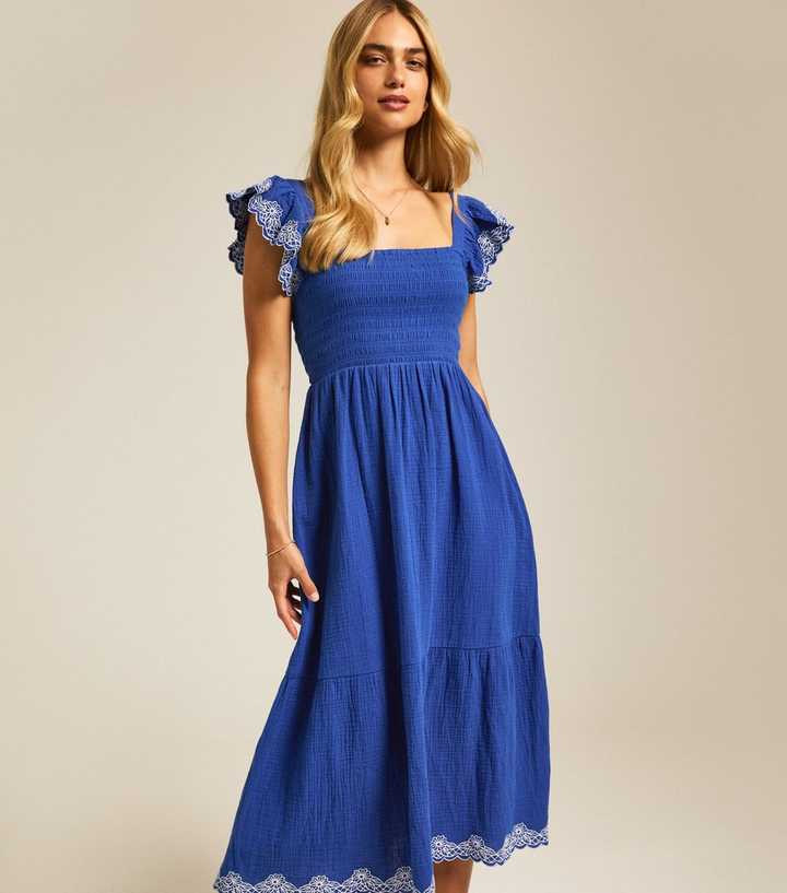 Bright Blue Floral Embroidered Sleeve Tiered Midi Dress | New Look