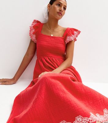 Red Floral Embroidered Sleeve Tiered Midi Dress