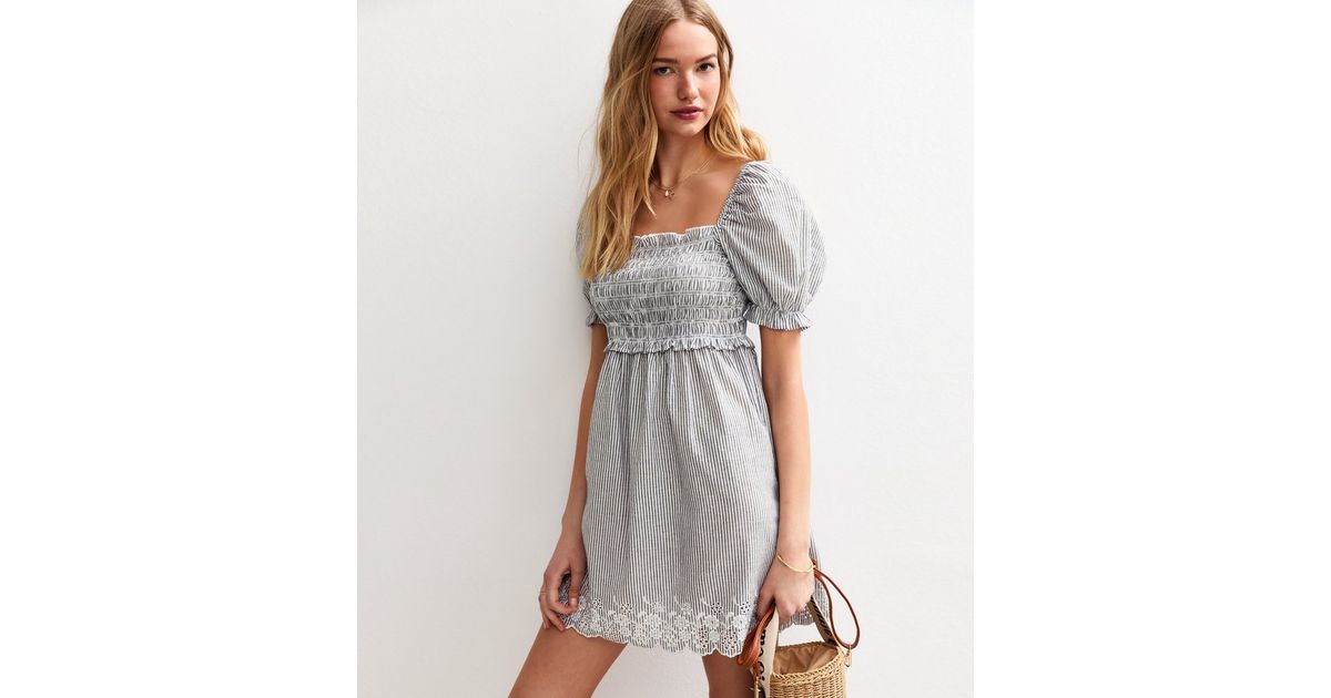 Floral Embroidered Puff Sleeve Mini Dress - Blue