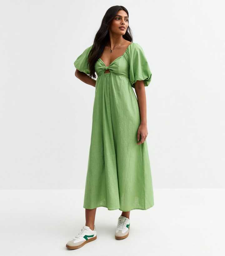 Green Puff Sleeve Knotted Front Midi Dress