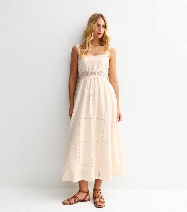 Cream Broderie Anglaise Lace Trimmed Square Neck Midi Dress