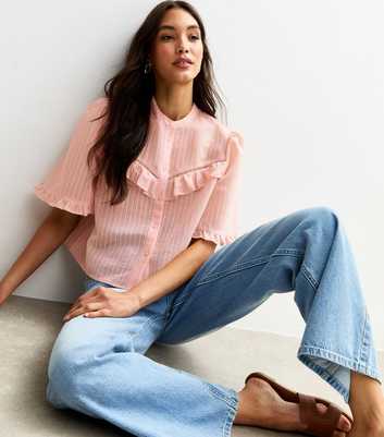 Pink Semi-Sheer Frill Trim Striped Shirt