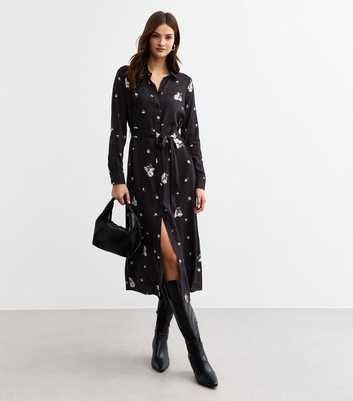 Black Daisy Print Belted Midi Shirt Dress