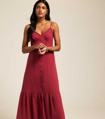 Burgundy Button Detail Tiered Hem Midi Dress