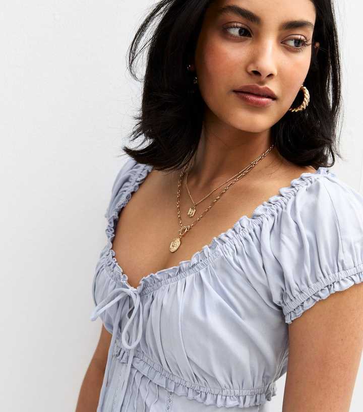 Blue Tie Front Pintuck Top