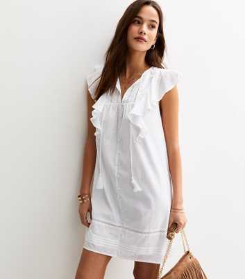 White Ruffle Tie Faux Button Mini Dress