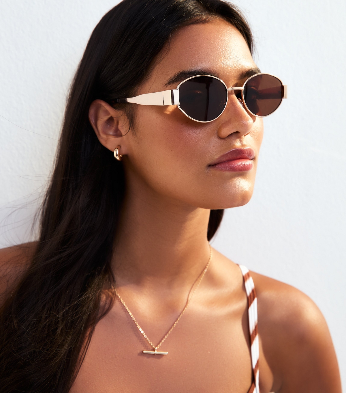 Gold Tone Metal Oval Sunglasses New Look