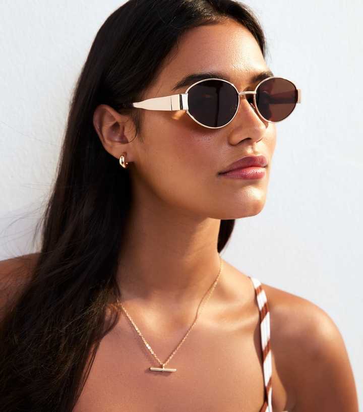 Gold Tone Metal Oval Sunglasses