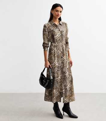 Brown Leopard Print Midi Shirt Dress