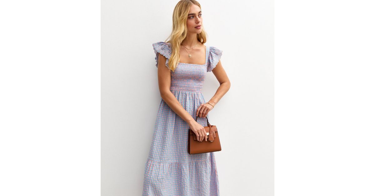 Blue Gingham Floral Embroidered Frill Sleeve Tiered Midi Dress | New Look
