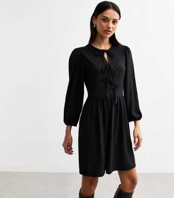 Black Tie Front Textured Jersey Mini Dress