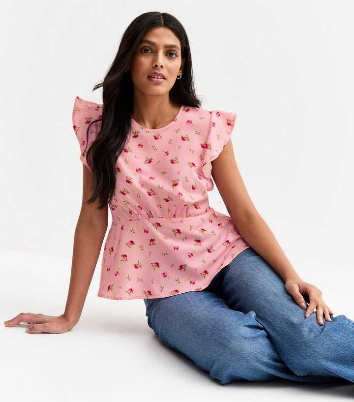 Pink Rose Print Ruffle Sleeve Top | New Look