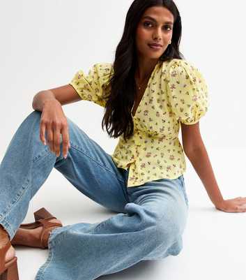 Yellow Crepe Ditsy Print Button Front Milkmaid Top