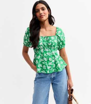 Green Floral Print Peplum Top