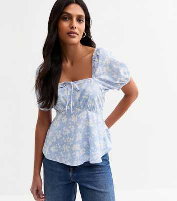 Blue Floral Print Peplum Top