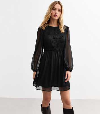 Black Shirred Chiffon Mini Dress