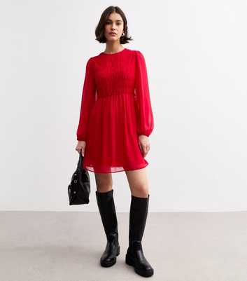 Red Shirred Chiffon Mini Dress