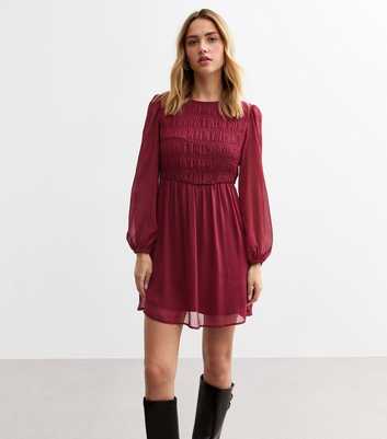 Burgundy Shirred Chiffon Mini Dress