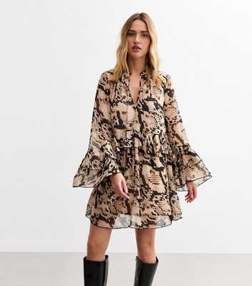 Brown Snake Print Chiffon Mini Dress