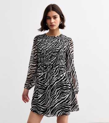 Off White Zebra Print Shirred Chiffon Mini Dress