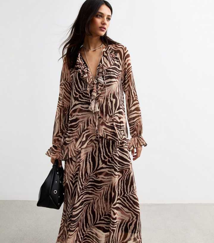 Brown Zebra Print Ruffle Trim Chiffon Midi Dress | New Look