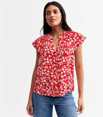 Red Floral Print Flutter Sleeve Top