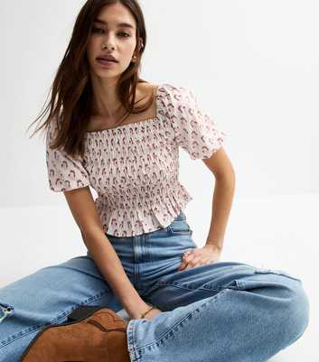 Cream Floral Print Shirred Top