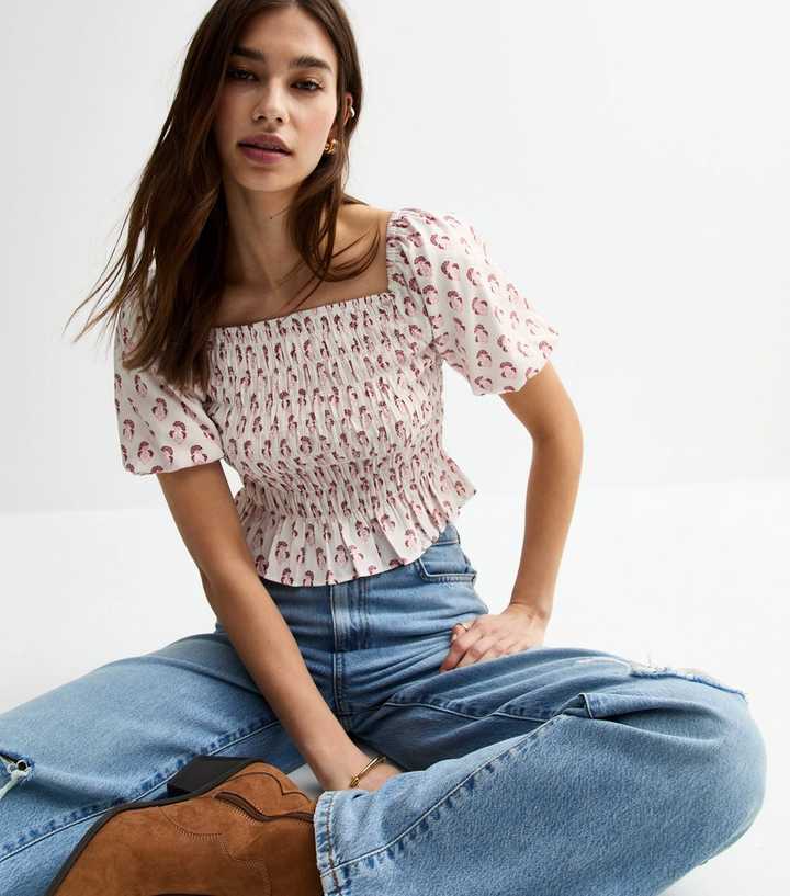 Cream Floral Print Shirred Top