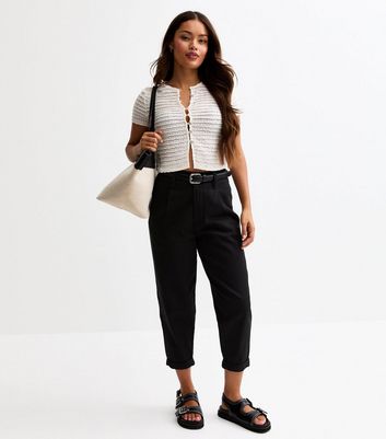 Petite Black Belted Tapered Leg Trousers