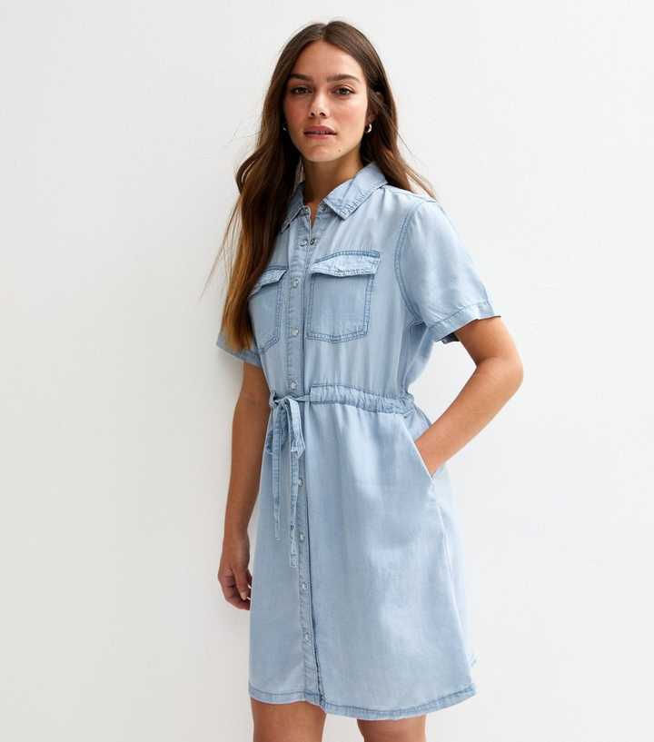 Petite Light Blue Denim Drawstring Waist Dress