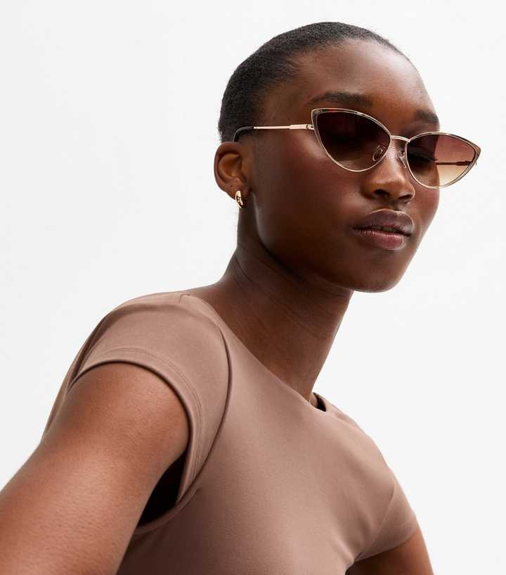 Gold Tone Metal Angular Cat Eye Sunglasses