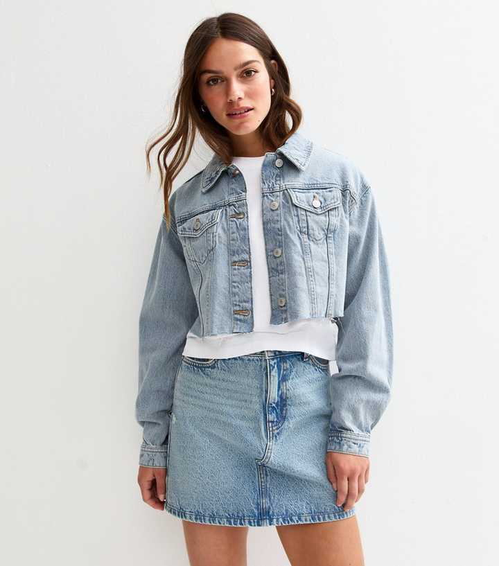 Petite Blue Raw Hem Cropped Denim Jacket
