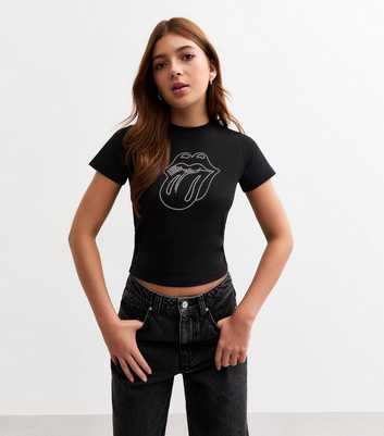 Girls Black Embellished Rolling Stones Logo Cropped Top