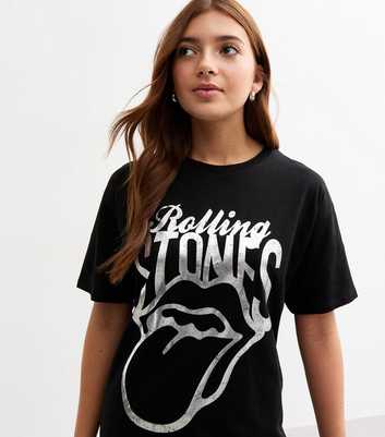 Girls Black Rolling Stones Print T-Shirt