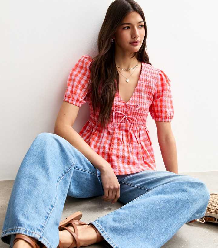 Red Textured Gingham Print Shirred Tie Top