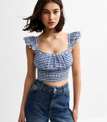 Blue Checked Broderie Anglaise Cropped Top