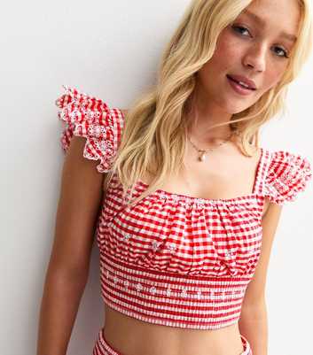 Red Checked Broderie Anglaise Cropped Top