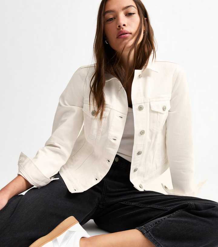 White Button Front Lightly Distressed Denim Jacket