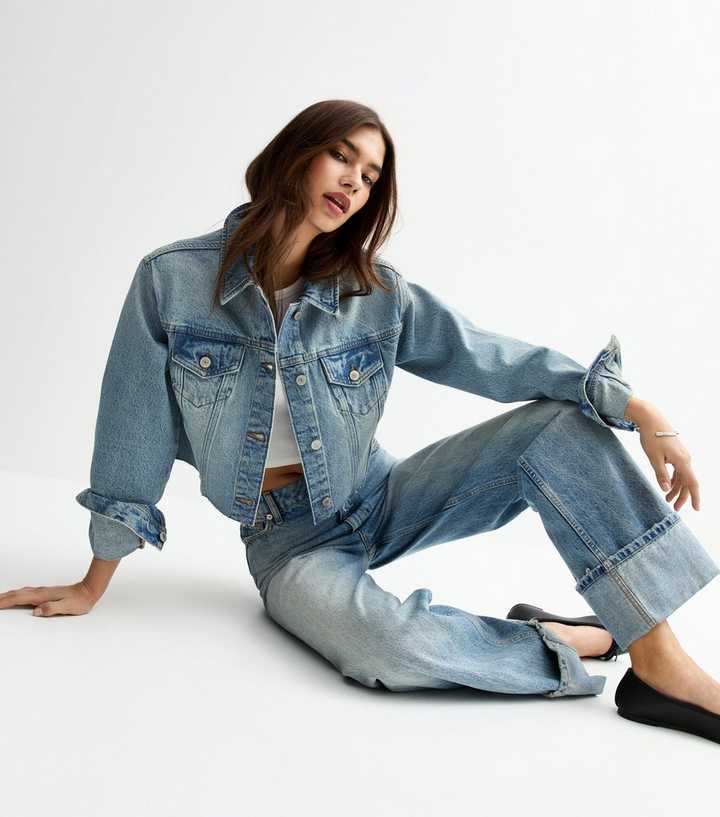 Blue Raw Hem Cropped Denim Jacket