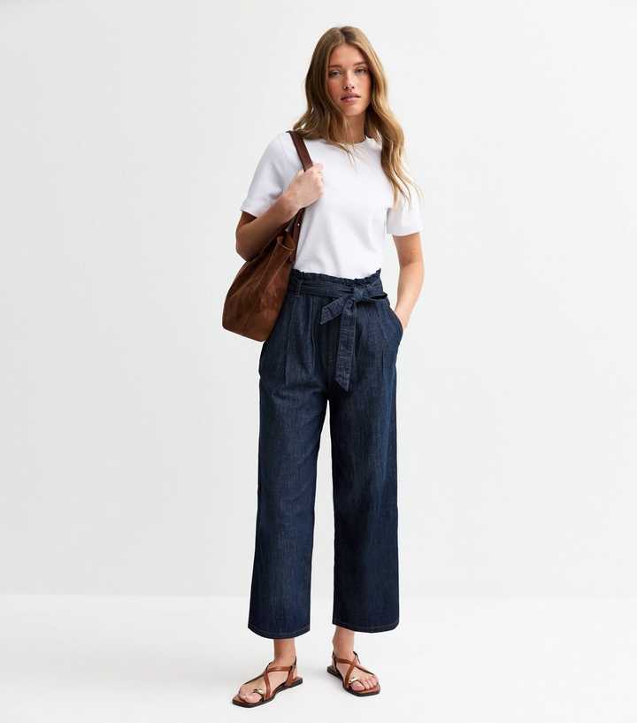 Navy Denim Cropped Paperbag Trousers