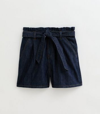Navy Soft Denim Paperbag Belted Shorts | New Look