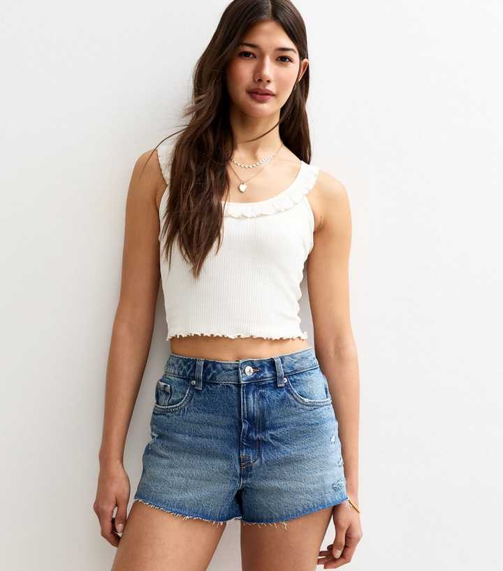 Blue Frayed Hem Denim Shorts
