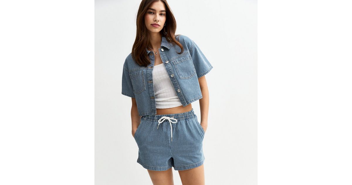 Navy Stripe Print Drawstring Denim Shorts New Look