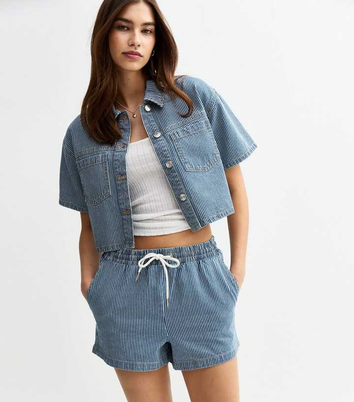 Navy Stripe Print Drawstring Denim Shorts