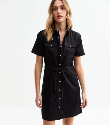 Black Drawstring Waist Denim Mini Dress | New Look